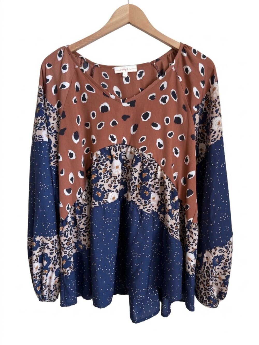 Animal Print Babydoll Peplum Blouse Large Rust Navy Hailey & Co Balloon Sleeve